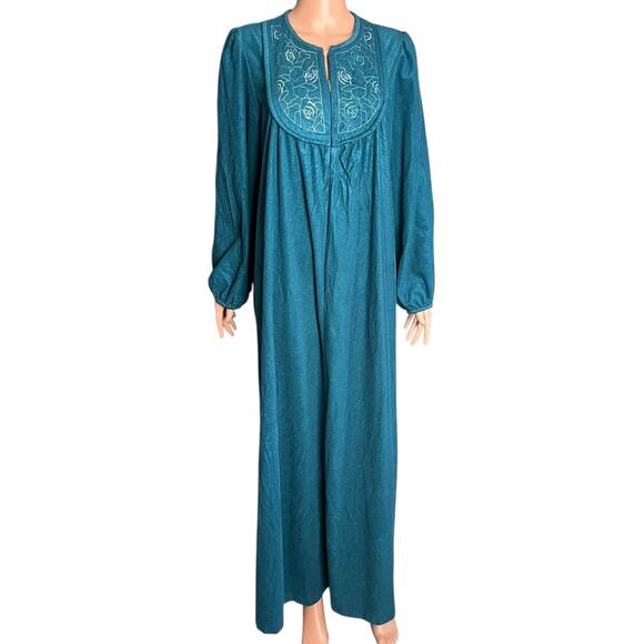 Vandemere Vintage 80’s Fleece Half-Zip Bath Robe Nightgown Embroidered Aqua M-L - Picture 1 of 5